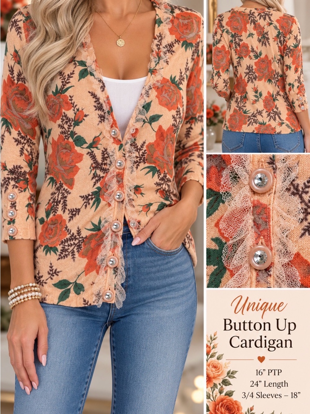 Floral Lace-Trim Button-Up Cardigan Sweater - Peach Orange 🍊🧡 Medium